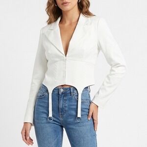 Naked Wardrobe The Statement Ivory Cropped Garter Blazer Top Small